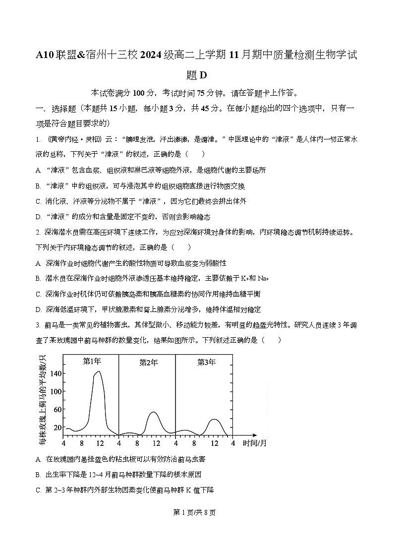 A10联盟＆宿州十三校2025-2026学年高二上学期11月期中质量检测生物学试题 Word版无答案第1页
