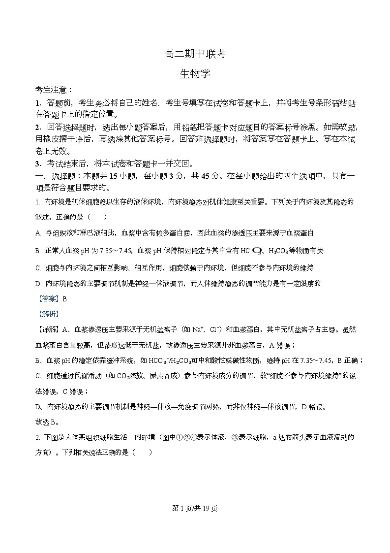 安徽省大联考2025-2026学年高二上学期期中联考生物试卷  Word版含解析第1页