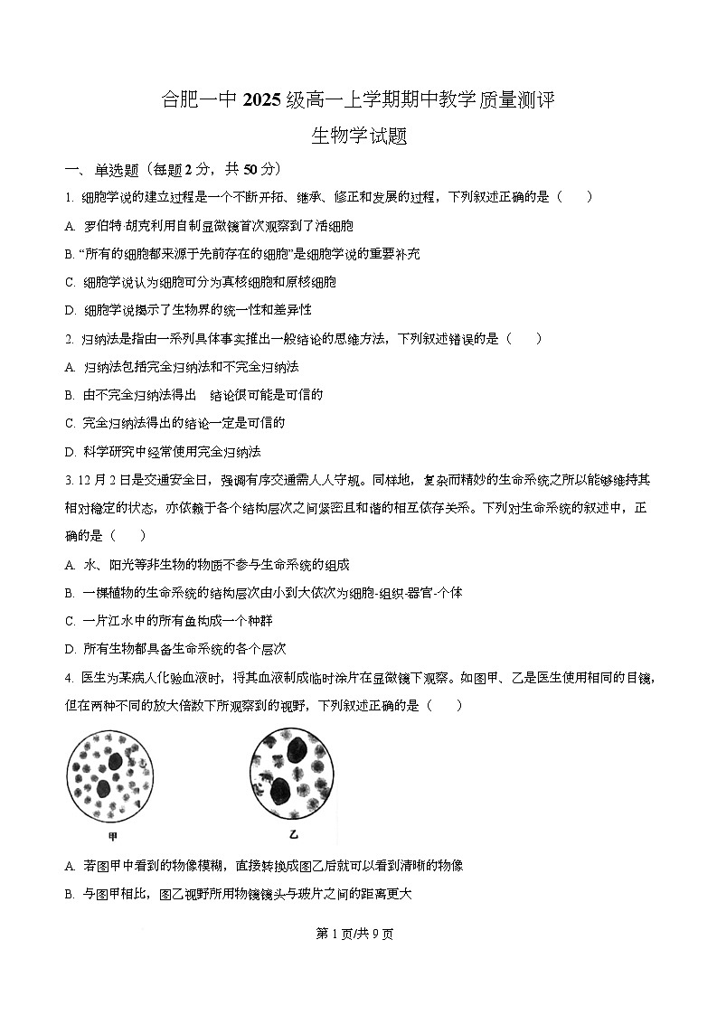 安徽省合肥市第一中学2025-2026学年高一上学期11月期中生物试题  Word版无答案第1页