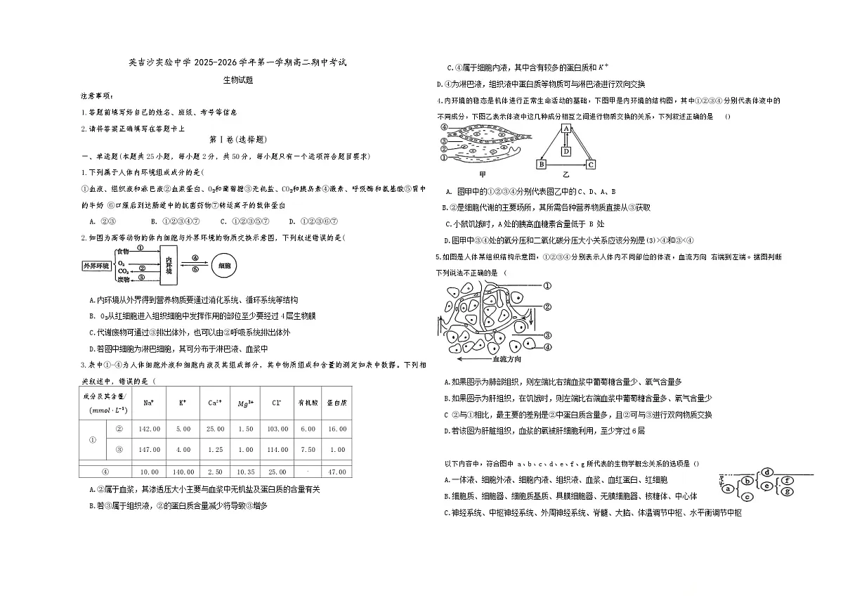 新疆维吾尔自治区喀什地区英吉沙县县多校2025-2026学年高二上学期12月期中生物试题第1页