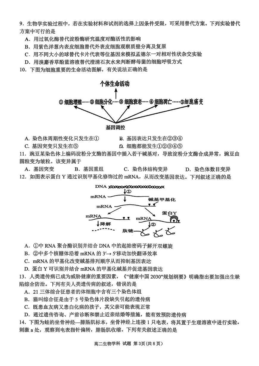 浙江省金砖联盟2025学年第一学期期中联考高二年级生物学科试题第3页