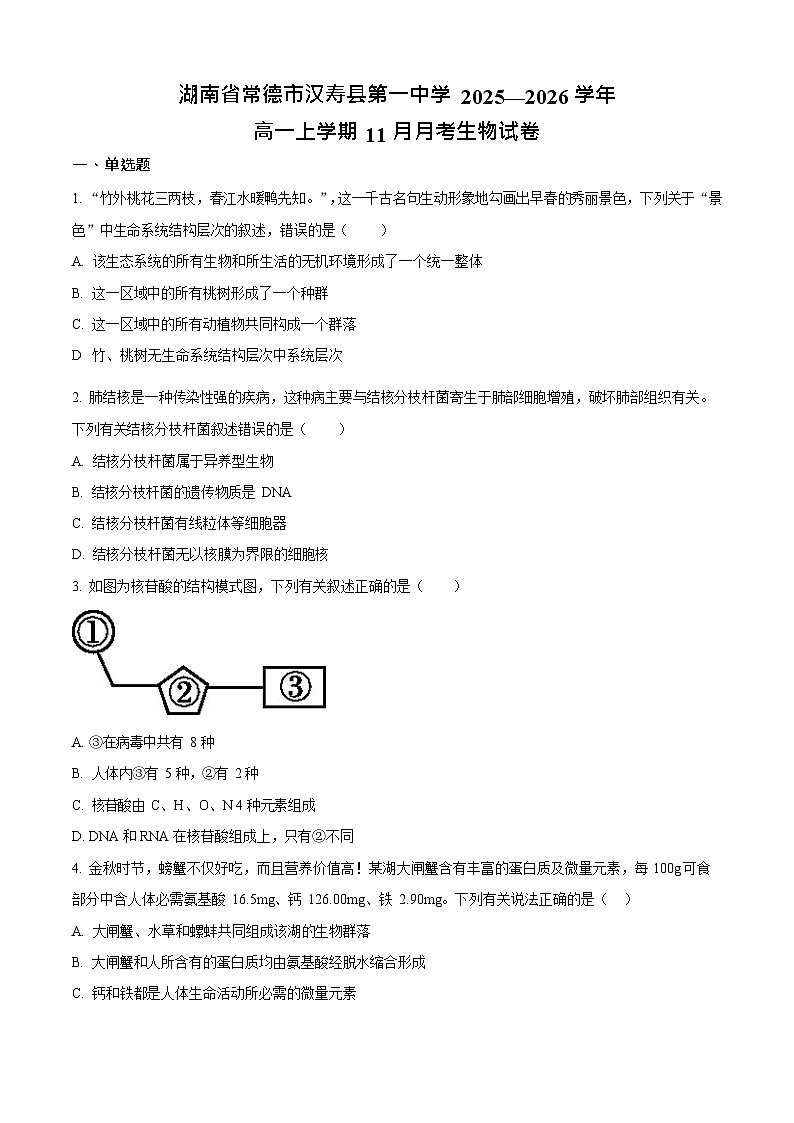 湖南省常德市汉寿县第一中学2025-2026学年高一上学期11月期中考试生物试卷第1页