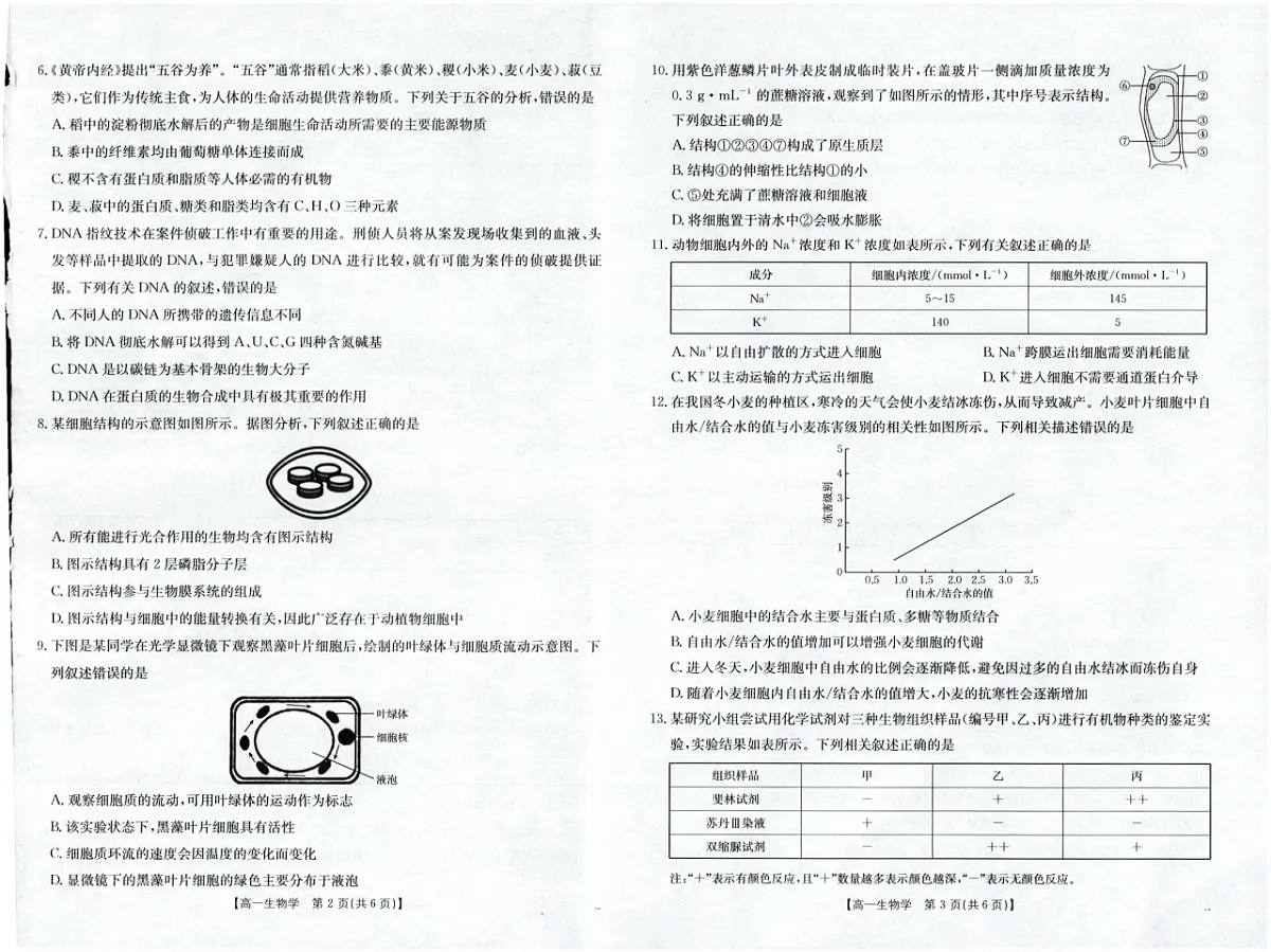 福建省南平市2025-2026学年高一上学期期中考试生物试卷第2页