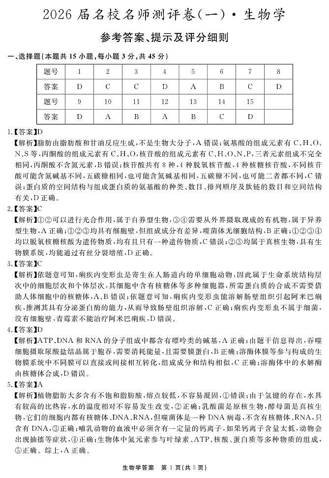 生物学答案 安徽省耀正文化2026届名校名师测评卷（一）第1页