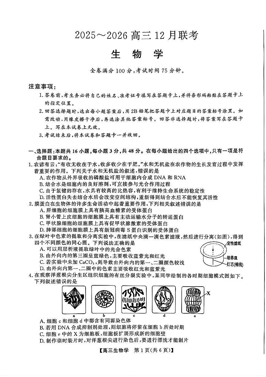 2025-2026学年高三上学期12月生物试题及答案第1页