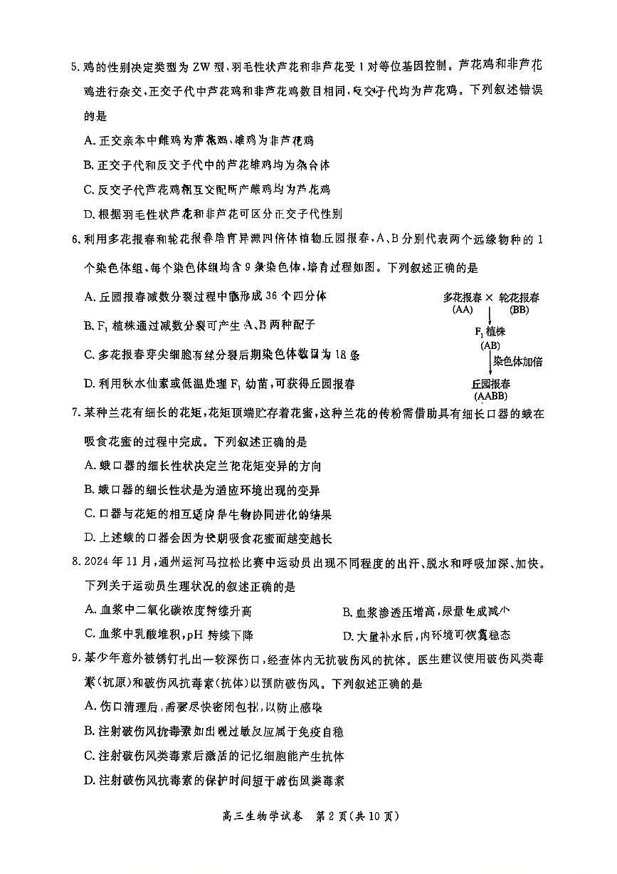 2025届北京市通州区高三下学期4月一模考试生物试题第2页