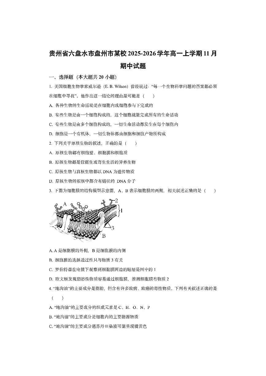 贵州省六盘水市盘州市某校2025-2026学年高一上学期11月期中生物试卷（学生版）第1页