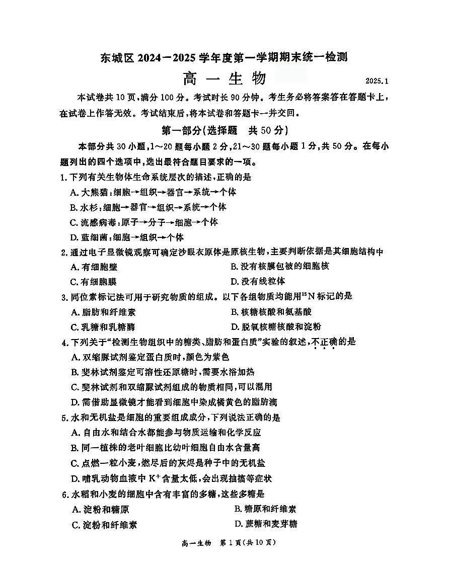 北京市东城区2024-2025学年高一上学期期末考试生物试卷第1页
