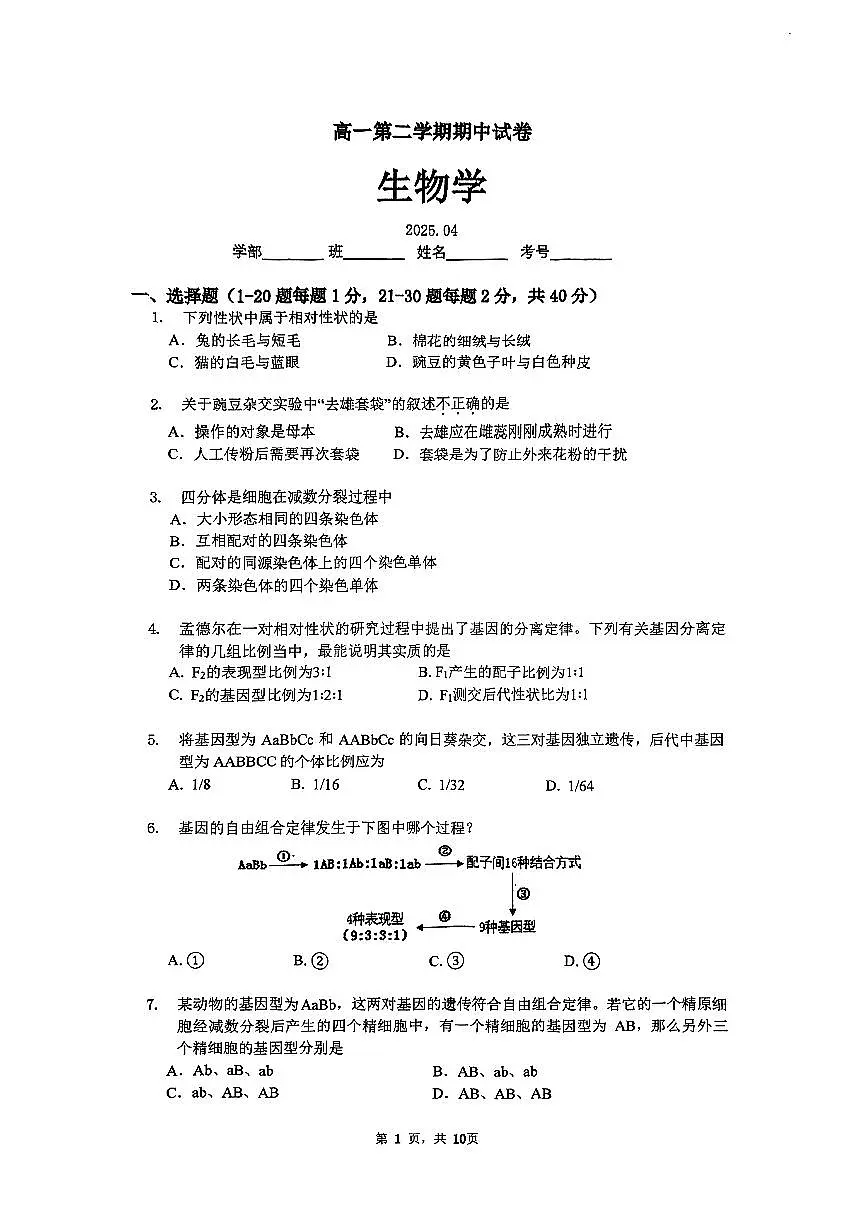 北京市清华大学附属中学2024-2025学年高一下学期期中生物试卷第1页