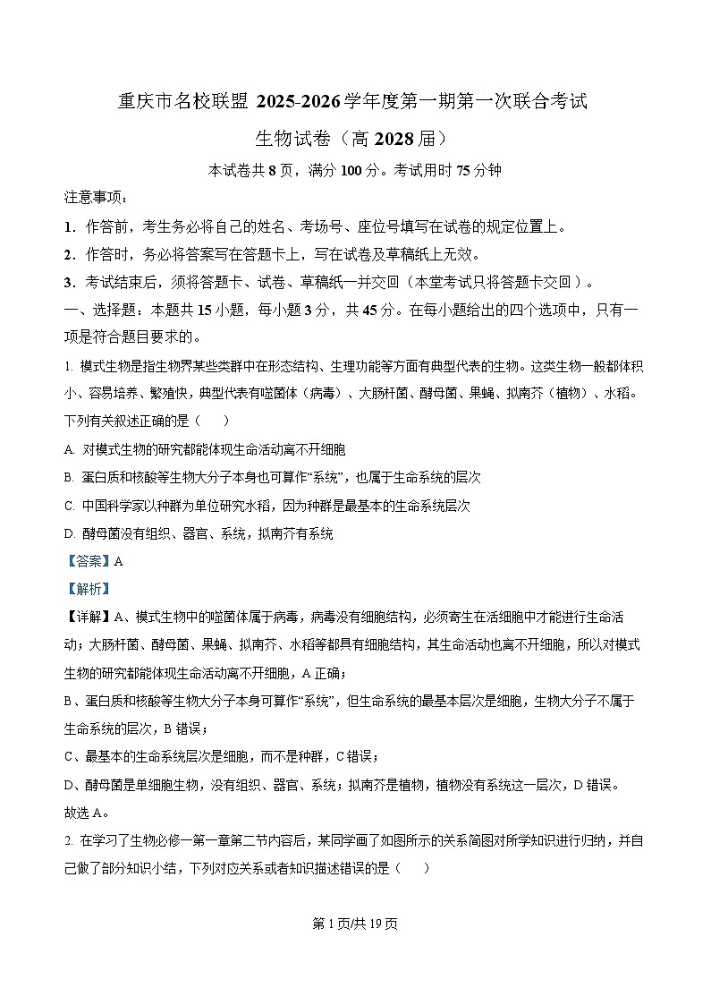 重庆市名校联盟2025-2026学年高一上学期11月期中生物试题 Word版含解析第1页