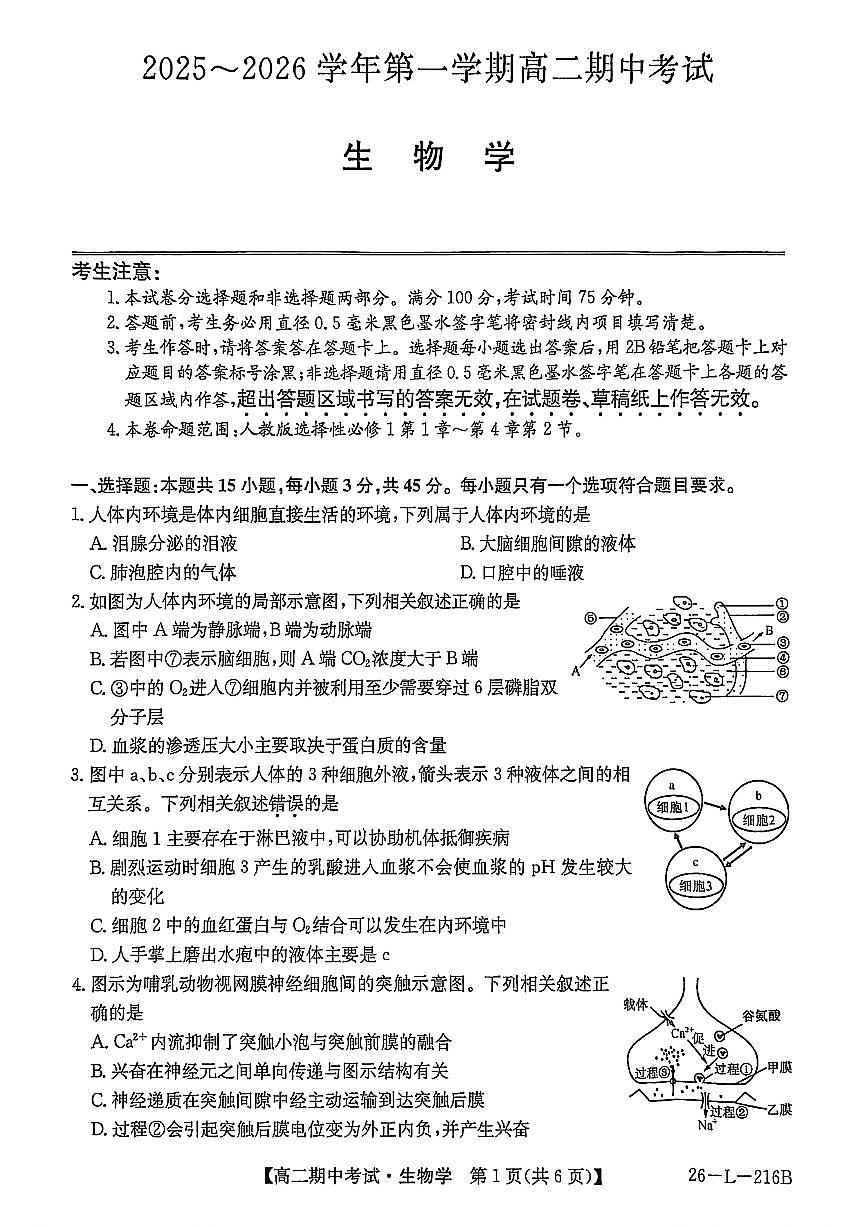 安徽省县中联盟2025-2026学年第一学期高二期中考试（26-L-216B）-生物第1页