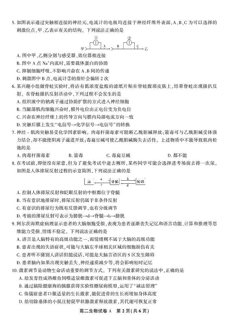 生物试题A·2025年11月高二期中联考第2页