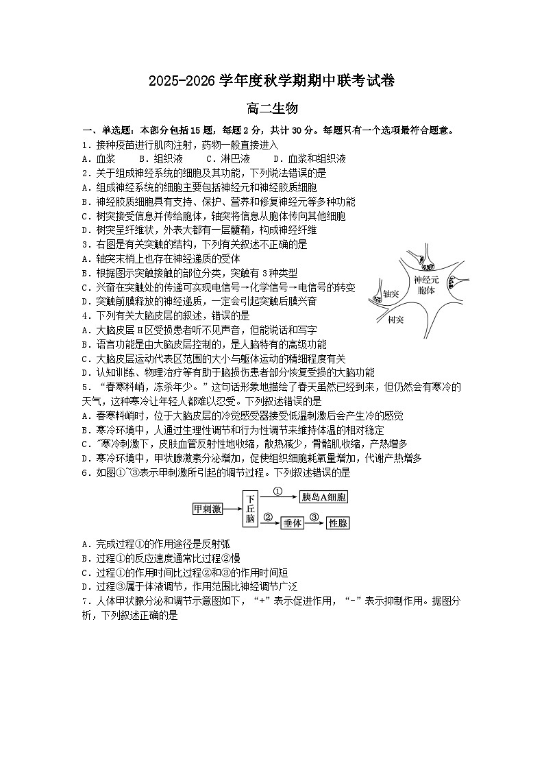 江苏省无锡市江阴市六校联考2025-2026学年高二上学期11月期中生物试卷第1页