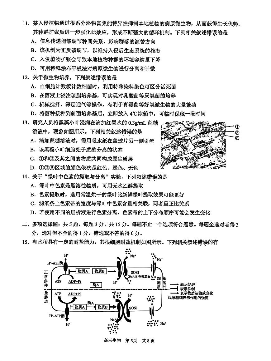 江苏省苏州市2026届高三上学期期中阳光调研 生物试卷（PDF图片版）第3页