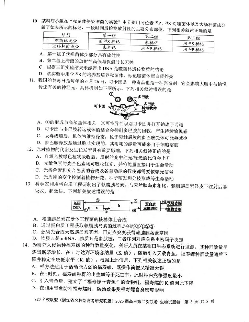 2026届浙江省Z20 名校联盟高三二模生物试题（高考模拟）第3页