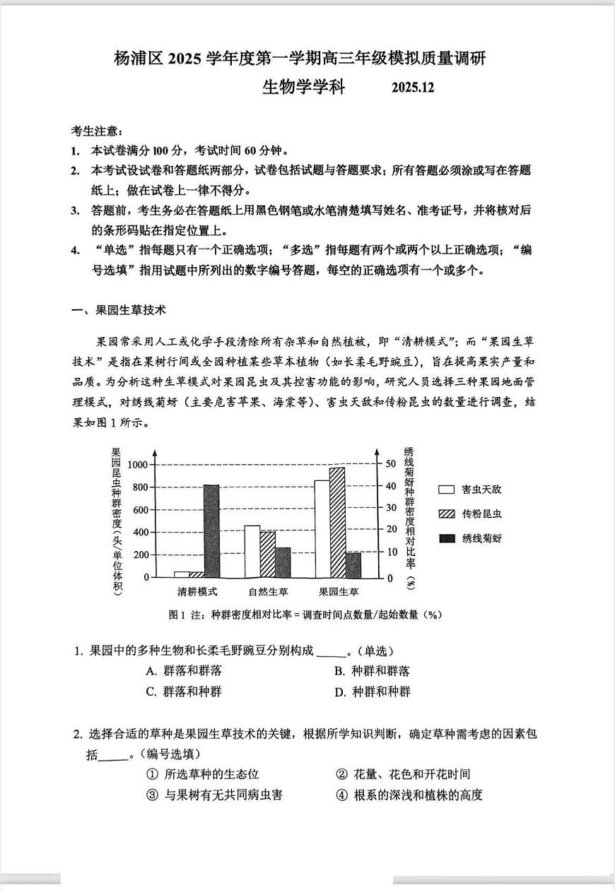 上海市杨浦区2025-2026学年高三上学期12月模拟质量调研生物试题（高考模拟）第1页