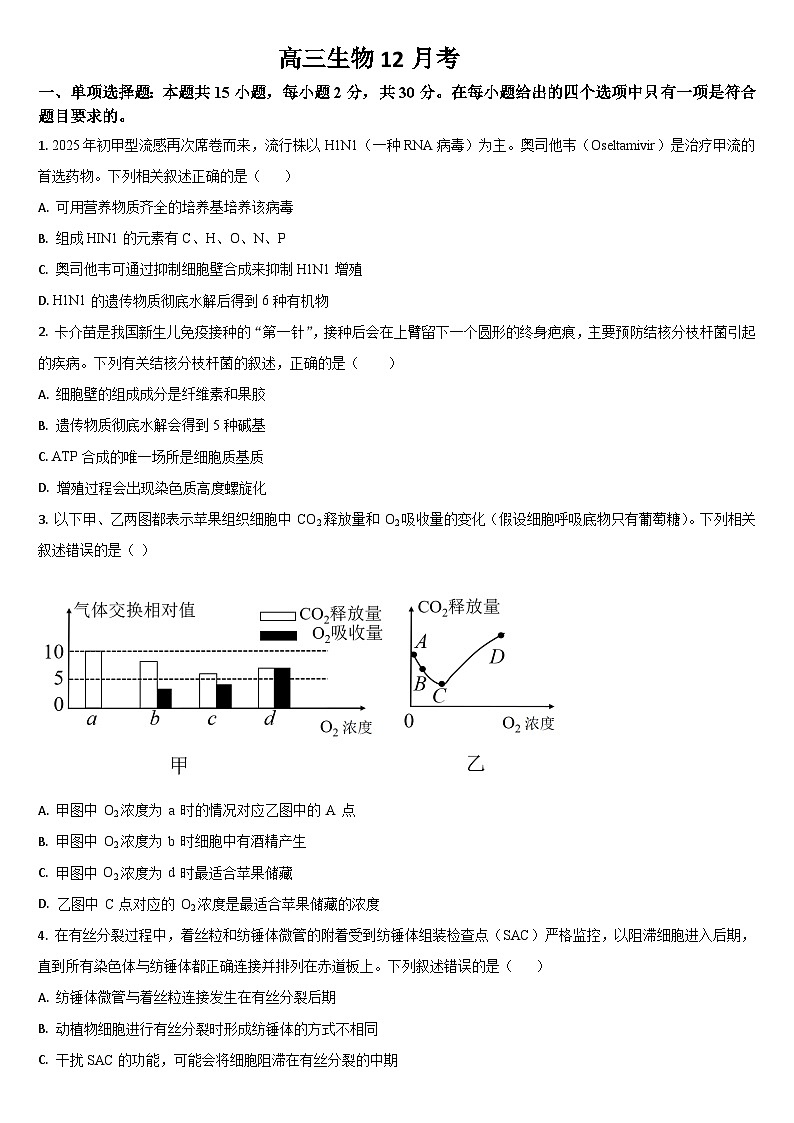 吉林省通化市梅河口市第五中学2025-2026学年高三上学期12月月考生物试题（含答案）第1页