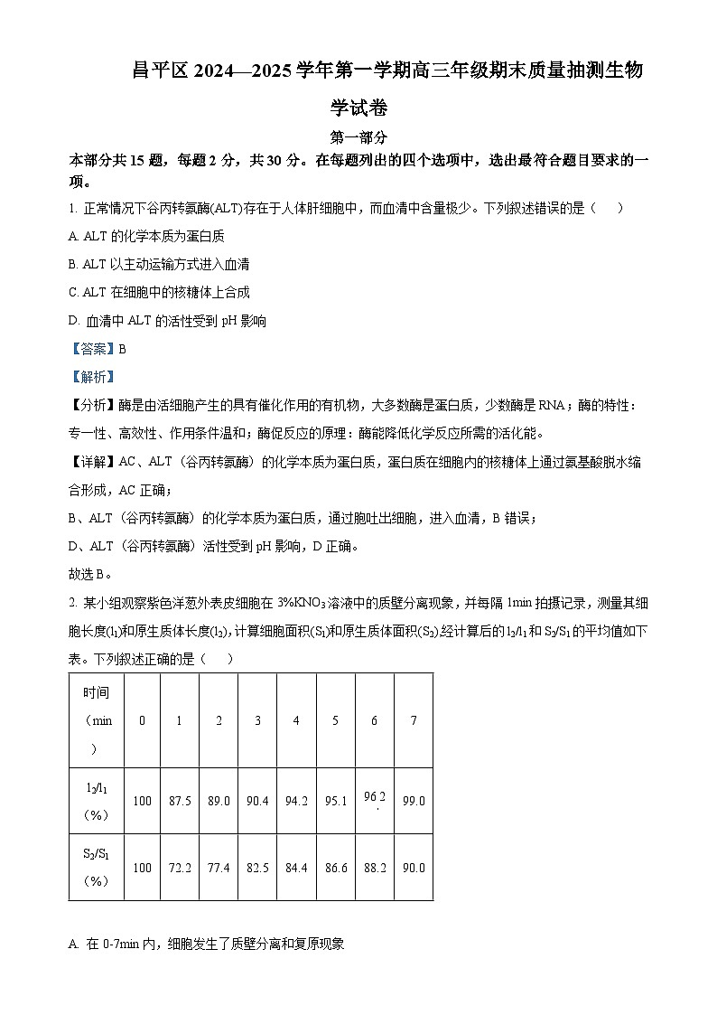 北京市昌平区高三上学期期末质量检测生物试题（解析版）-A4第1页