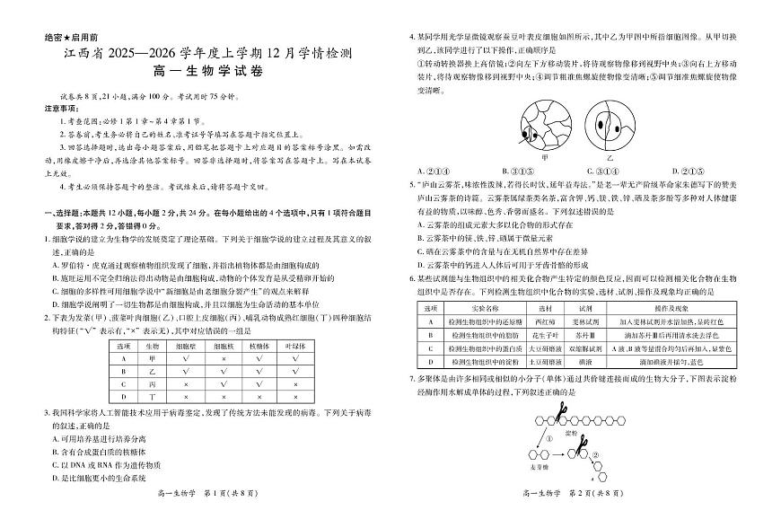 江西省上进联考2025-2026学年高一上学期12月学情检测生物试卷（含答案）第1页