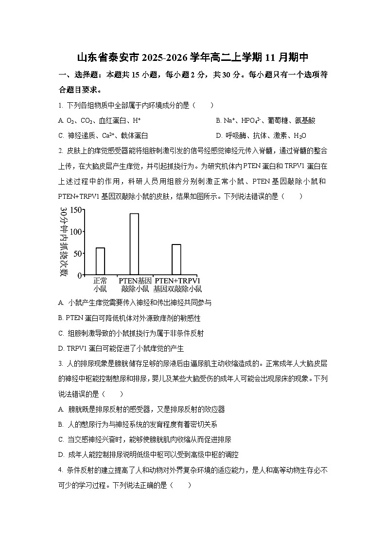 山东省泰安市2025-2026学年高二上学期11月期中生物试卷（学生版）第1页