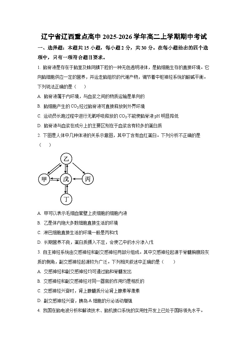 辽宁省辽西重点高中2025-2026学年高二上学期期中考试生物试卷（学生版）第1页