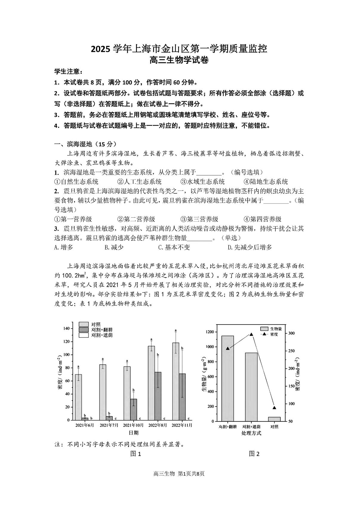 上海市金山区一模2026届高三第一学期质量监控 生物试卷+答案第1页