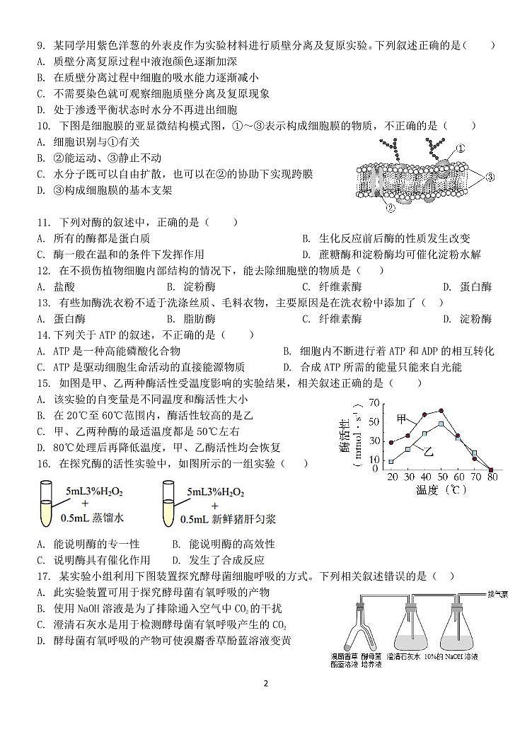 2025年北京九中高一上12月月考生物试卷第2页