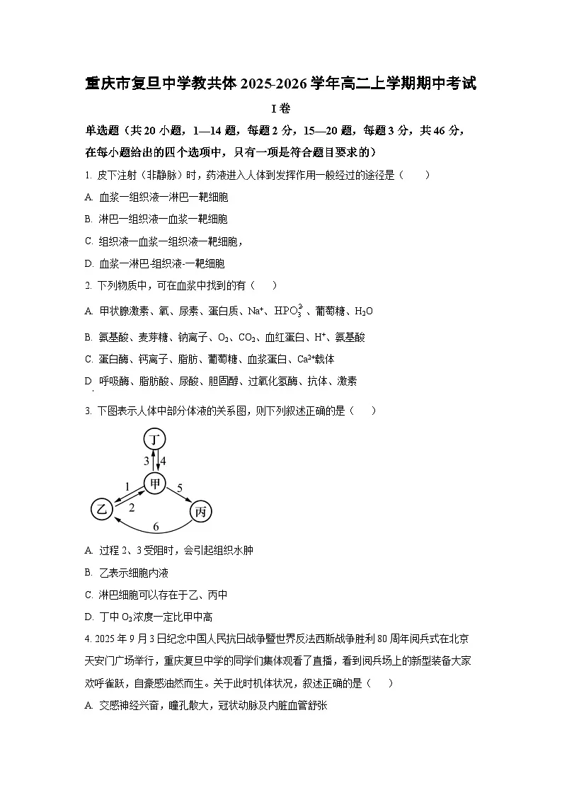 重庆市复旦中学教共体2025-2026学年高二上学期期中考试生物试卷（学生版）第1页