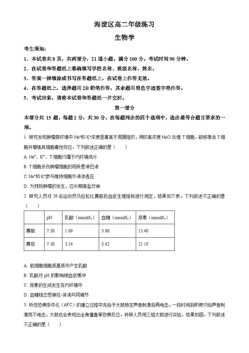 北京市海淀区高二上学期期末练习生物试题（原卷版）-A4第1页