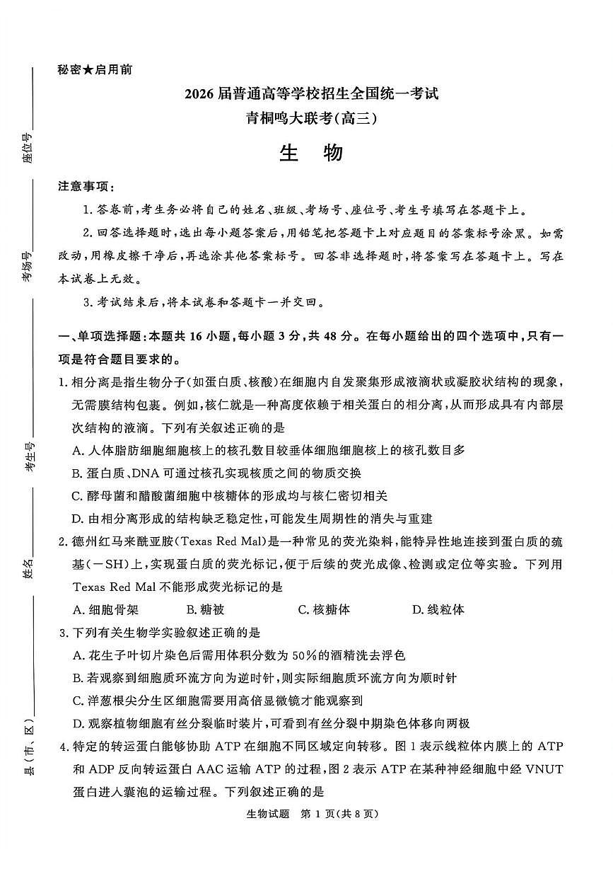 河南省青桐鸣2025-2026 学年高三上学期12月联考生物试题第1页