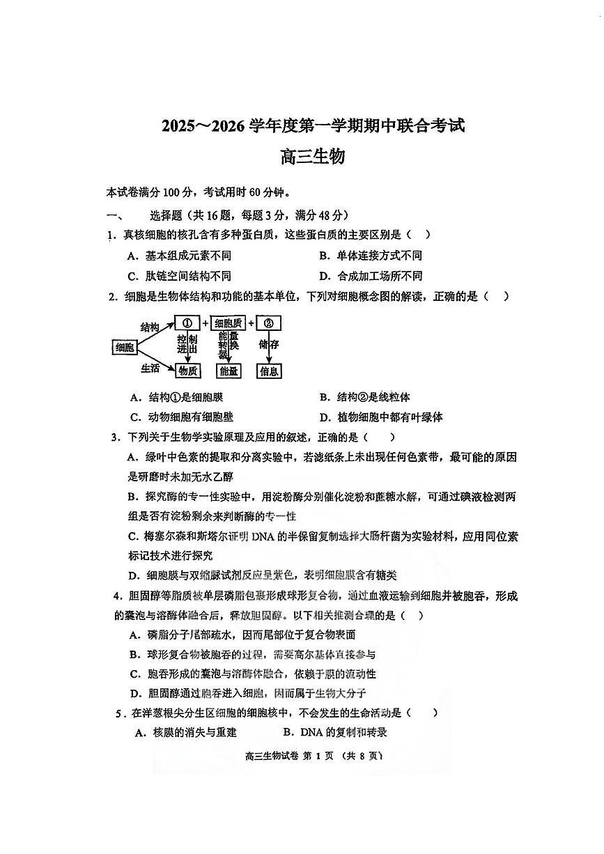天津市东丽百中咸水沽一中2025-2026学年高三上学期期中生物试卷第1页