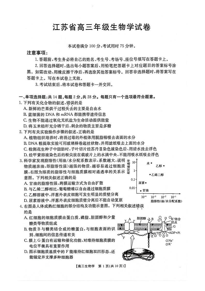 江苏金太阳百校联考2026届高三上学期12月生物试题第1页