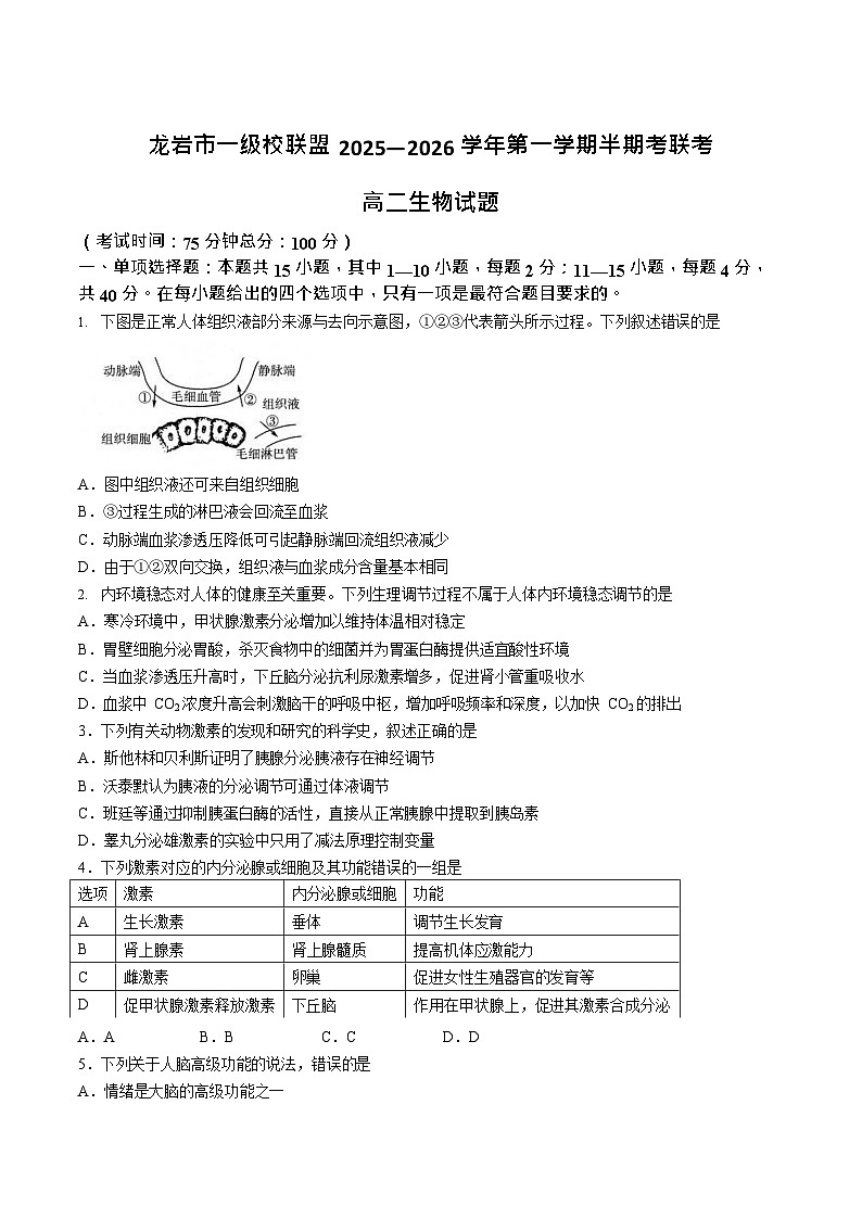 福建省龙岩市一级校盟2025-2026学年高二上学期期中联考试题 生物试卷第1页