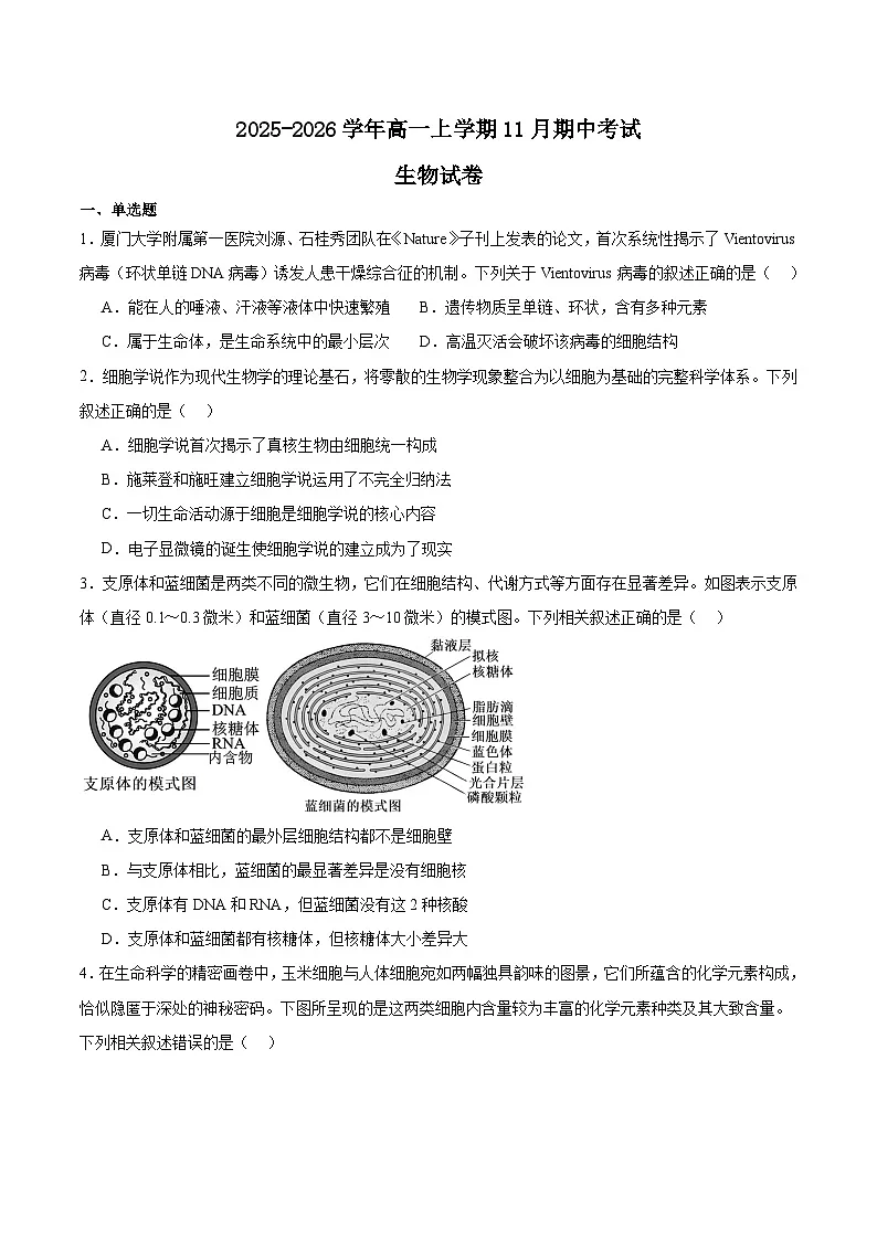 江西省赣州市十八县（市）二十四校联考2025-2026学年高一上学期11月期中考试生物试卷（Word版附答案）第1页