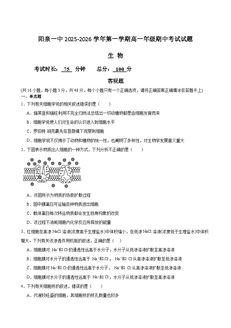 山西省阳泉市第一中学校2025-2026学年高一上学期11月期中考试生物试卷（Word版附答案）第1页