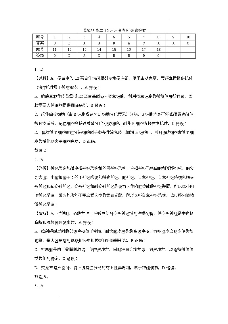 高二生物 2025高二12月月考卷答案 解析第1页