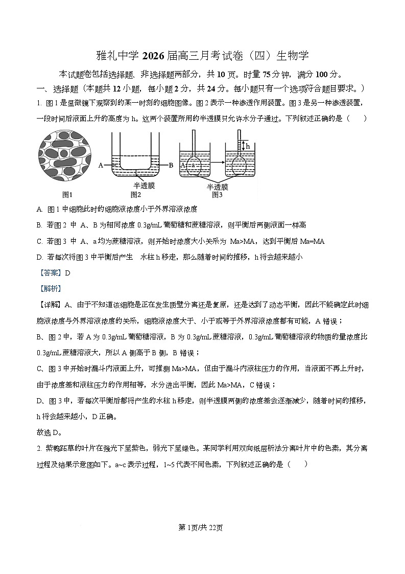 湖南省长沙市雨花区长沙市雅礼中学2025-2026学年高三上学期12月月考生物试题 Word版含解析第1页