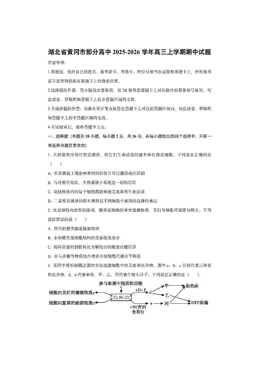 湖北省黄冈市部分高中2025-2026学年高三上学期期中生物试卷（学生版）第1页