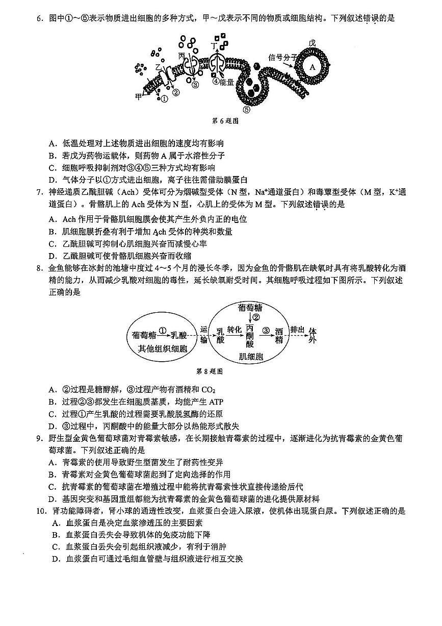 浙江省2026届高三生物上学期期中测试pdf第2页