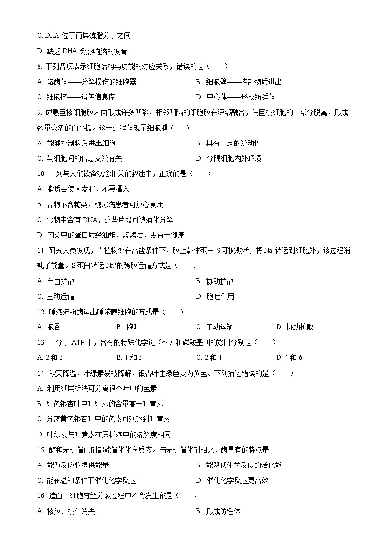 北京市顺义区高一上学期1月期末生物试题（原卷版）-A4第2页