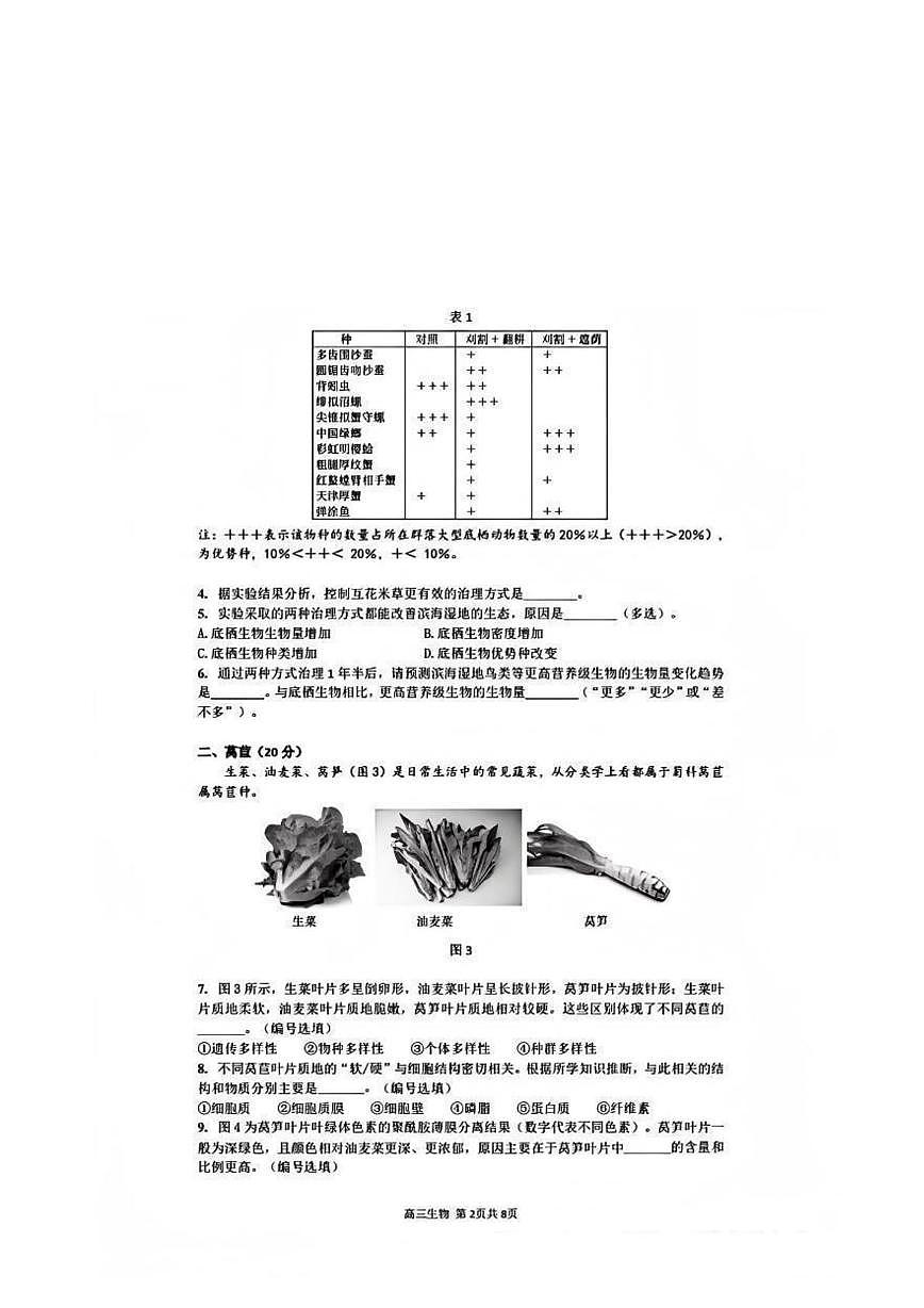 上海市金山区2025-206学年高三上学期质量监控生物试卷（月考）第2页