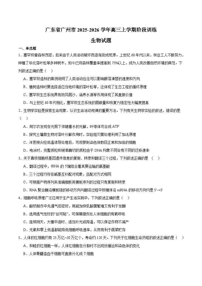 广东省广州市2026届高三上学期8月阶段训练 生物试卷（含答案）第1页