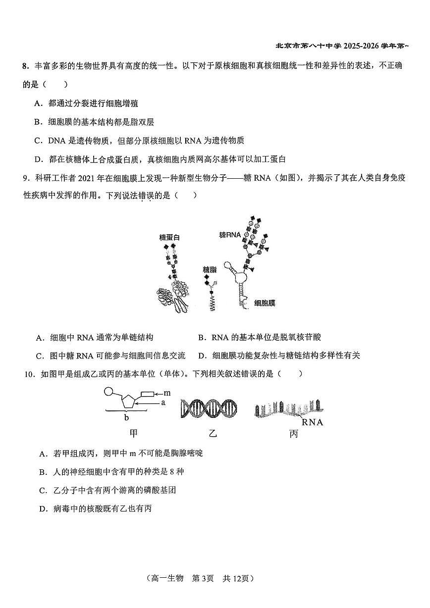 北京市朝阳区北京市第八十中学2025-2026学年高一上学期12月月考生物试题第3页