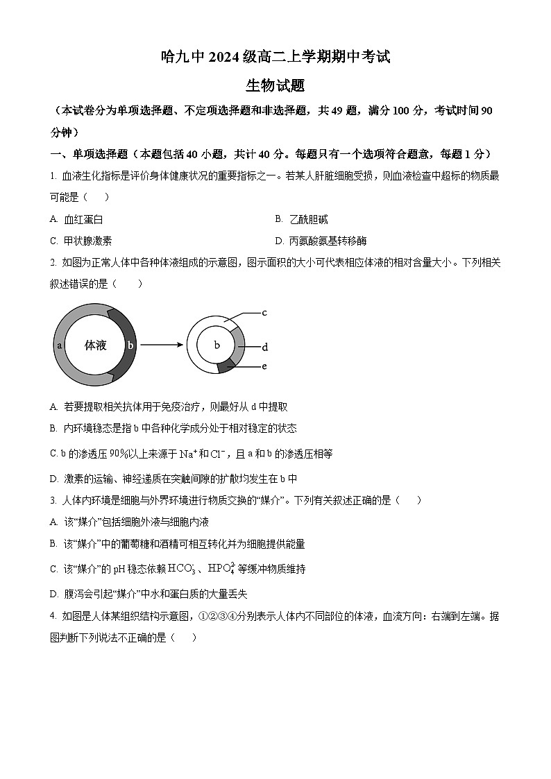 黑龙江省哈尔滨市第九中学校2025-2026学年高二上学期期中生物试题  Word版无答案第1页