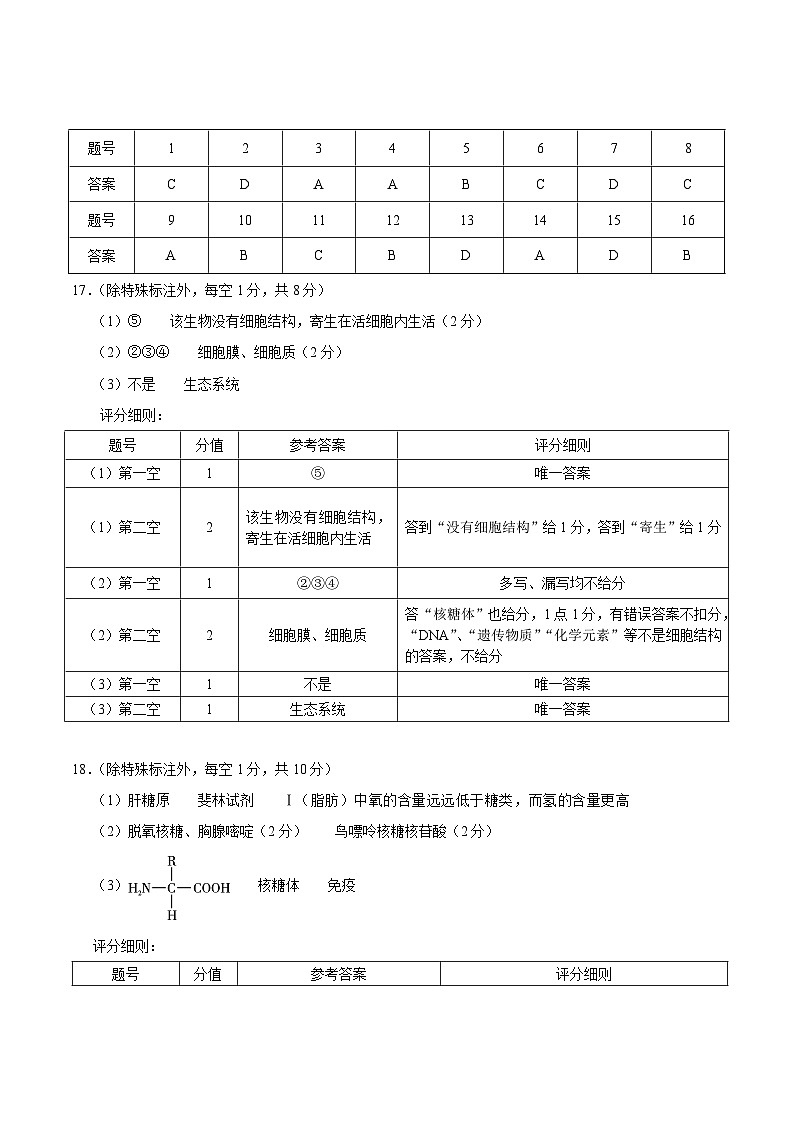 云南省昭通一中教研联盟2025-2026学年高一上学期期中考试生物（A）答案第1页