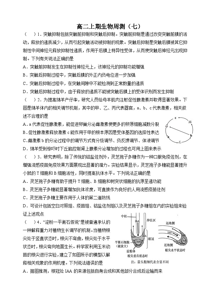 人教版2019高中生物 选择性必修1+2 高二.上期周测7 综合练习第1页