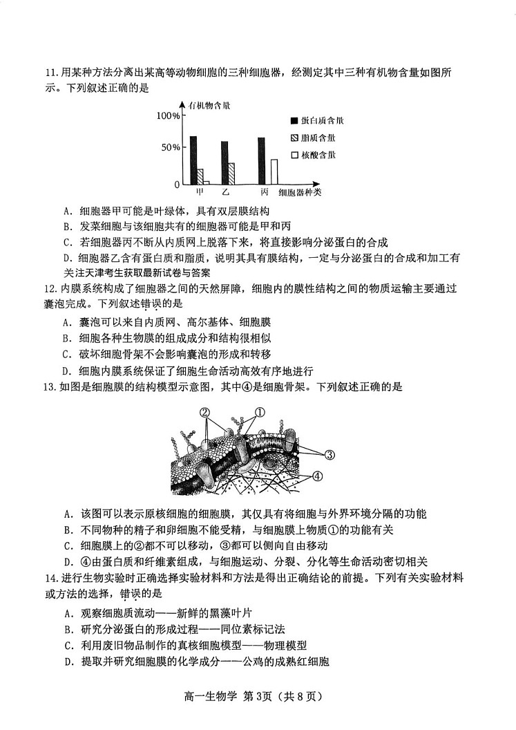 天津市河北区2024-2025学年高一上学期期末生物试卷第3页