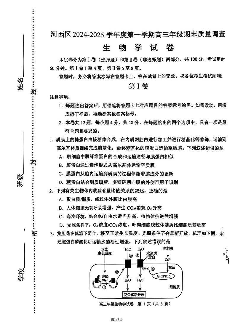 天津市河西区2024-2025学年高三上学期期末考试生物试题第1页