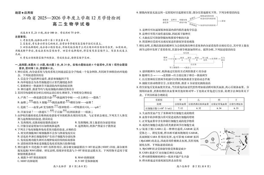 江西省上进联考2025-2026学年高二上学期12月学情检测生物试卷（含答案）第1页