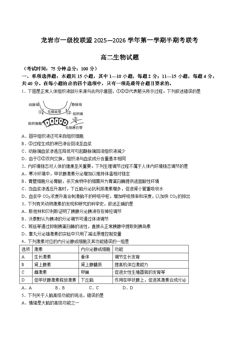 福建省龙岩市一级校盟2025-2026学年高二上学期期中联考试题 生物 Word版含答案第1页